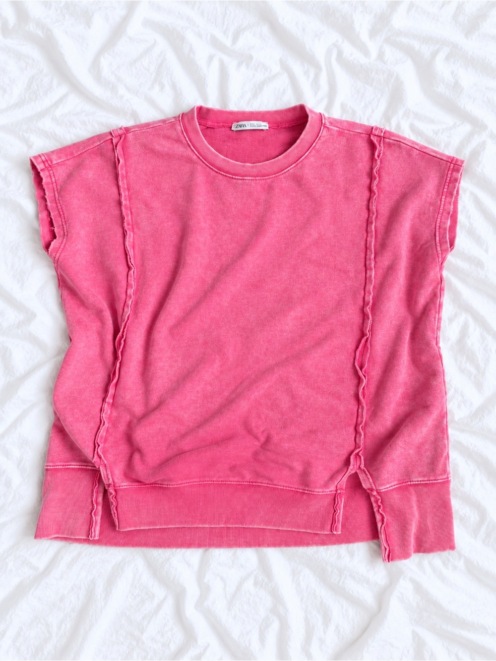 Zenana Outfitters Pink Washed Ruffle-Trim Short-Sleeve Sweatshirt